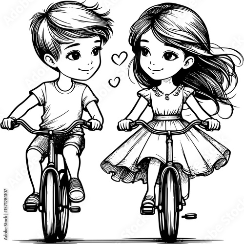 Bike Ride of Young Love: Two adorable cartoon children, a boy and a girl, joyfully cycle together on a tandem bicycle, their hearts filled with love.