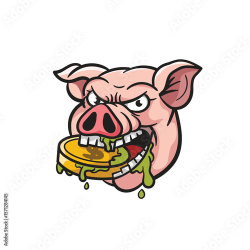 Vector illustration of a pig head biting money, corruption, and isolated on a white background