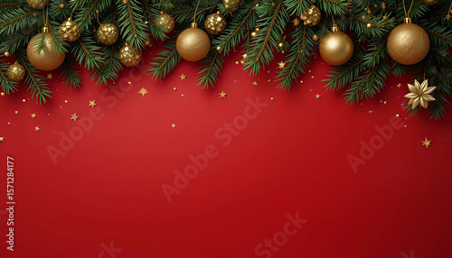 Christmas tree branches with gold balls isolated on red background