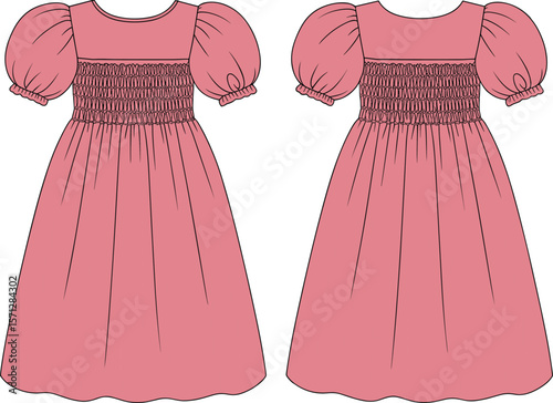 Girls puff sleeve smocked dress flat sketch, front and back view, pink gathered dress design, vector fashion illustration