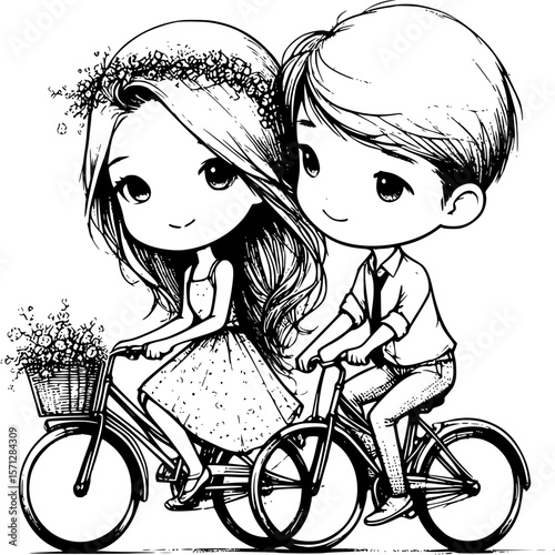 Cute couple riding bicycle : A heartwarming moment of love unfolds as a cute couple enjoys a shared bicycle ride, their bond beautifully depicted in an enchanting illustration.