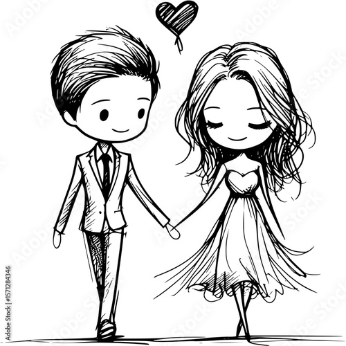 Couple's walk under Love: An adorable couple, their hands entwined, embarks on a loving journey, beneath the whimsical presence of a heart.