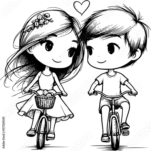 Whimsical Bike Ride: A cute couple, each riding a bicycle, and share a heartwarming moment as their heads touch.  Perfect for expressing love and togetherness.