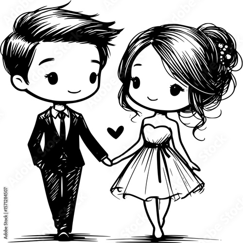 Hand-in-Hand: An adorable animated couple, representing enduring love, strolls hand-in-hand, a black heart of love. An endearing visual concept suitable for cards, stationery, or wedding decor