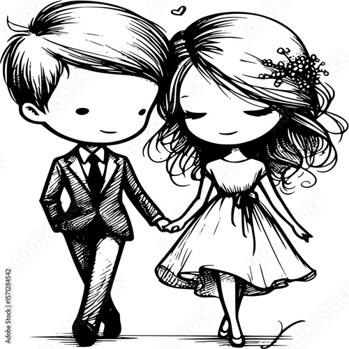 Eternal bond of togetherness: A delicately sketched cartoon portrays a couple walking hand-in-hand, embodying love and unity.