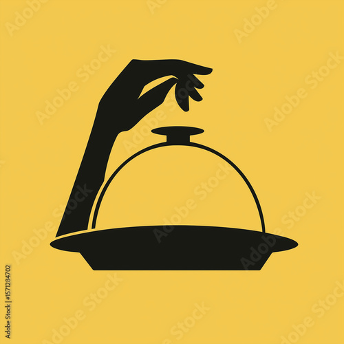 Hand Lifting Food Cloche on Yellow Background – Minimal Silhouette Concept