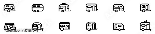 Set of icons camping car or trailer for camping in line style. Caravan icons in trendy line style.