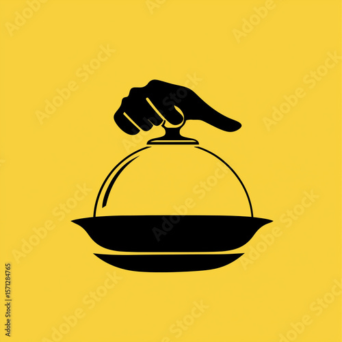 Hand Lifting Food Cloche on Yellow Background – Minimal Silhouette Concept