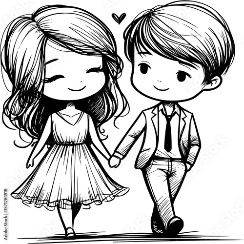 Couple's Walk of Love: A charming black and white illustration depicts a couple strolling hand-in-hand, symbolizing companionship and affection with a heart floating above. 