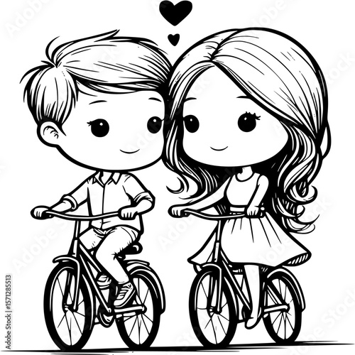 Cycling Couple in Love: A charming illustration portrays a couple, full of affection, enjoying a bicycle ride together, a symbol of their shared journey and love for each other.