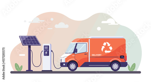 An orange delivery van charges at a station powered by a solar panel