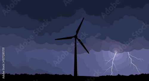Stormy sky with a silhouetted wind turbine and lightning