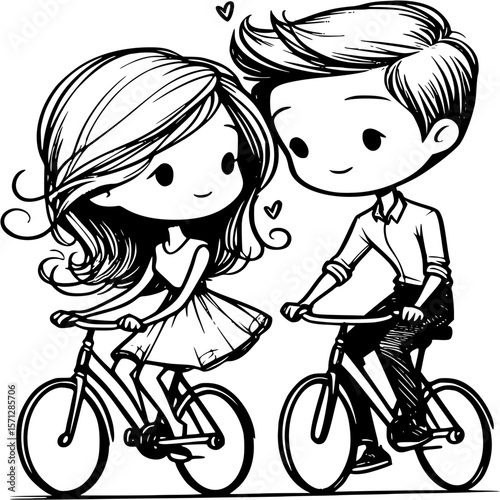 Cycling Romance: Adorable couple riding bicycles. A heartwarming scene of two cartoon figures, a boy and girl, cycling.