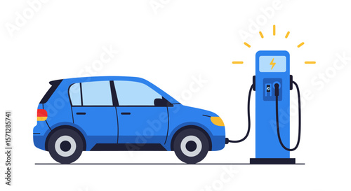 A blue electric car is charging at a charging station