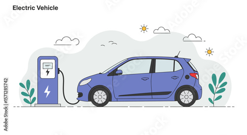 Blue electric car charging next to a charging station