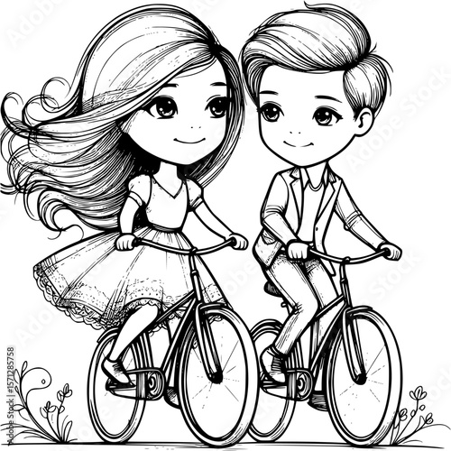 Sweetheart Bicycle Ride: Captured in a charming illustration, a young couple joyfully pedals their bicycles, a picture of youthful love and shared experiences. Embracing the adventure of togetherness.