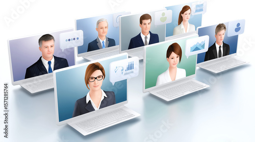 Group of diverse business professionals represented in a digital workspace, each on individual laptops, showcasing virtual communication and teamwork in a modern corporate environment