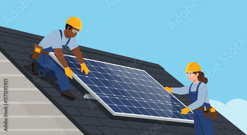 Two workers install a solar panel on a dark shingled roof