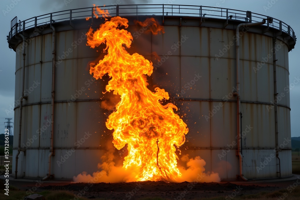 Obraz premium Fireball Fury: A towering storage tank is engulfed in an inferno, its metallic structure silhouetted against a backdrop of smoky skies and the raw, untamed energy of the flames.