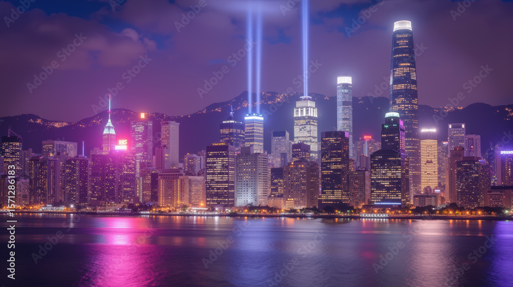 Fototapeta premium Vibrant city skyline at night showcases illuminated skyscrapers reflecting on water, with beams of light piercing sky, creating stunning visual