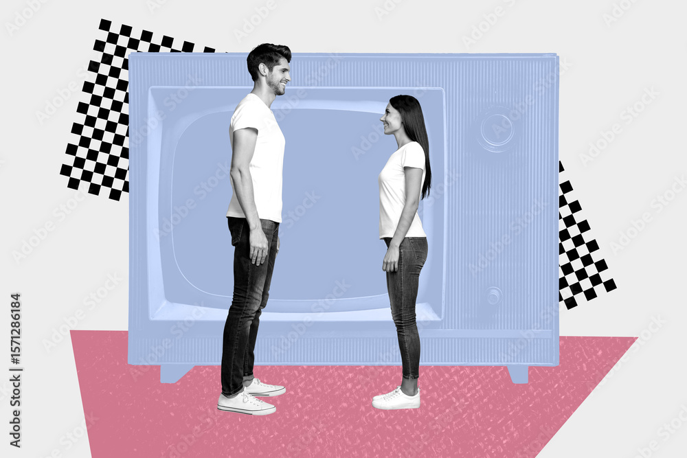 Obraz premium Image trendy art banner collage of two happy girl guy dance together retro tv screen channel disco valentine holiday feelings