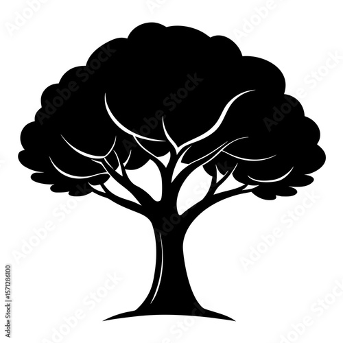 Black silhouette of a mature tree with rounded canopy