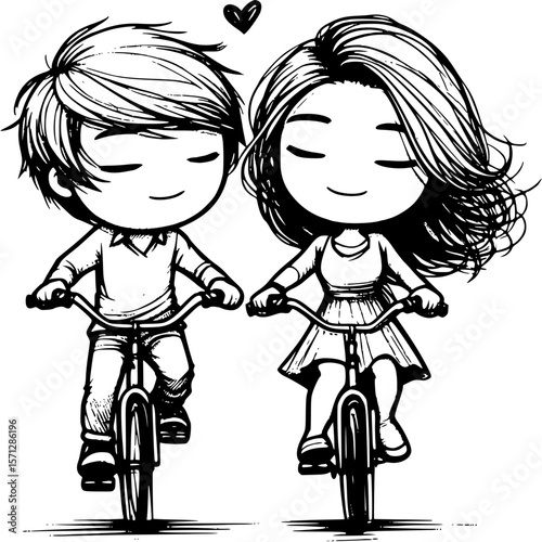Sweetheart's Cycling Journey: A heartwarming illustration of a couple, deeply in love, embarking on a shared bicycle ride, symbolizing companionship and affection. 