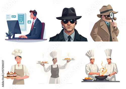 Three men in professional roles a call center agent a detective and chefs