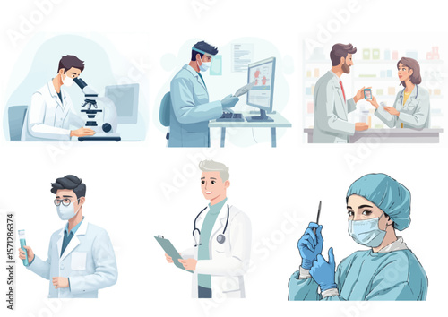 Six illustrations depict medical professionals in various settings