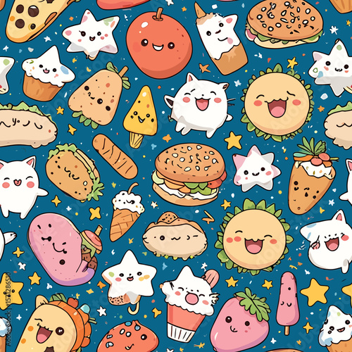 Cute cartoon food and animals on a blue background