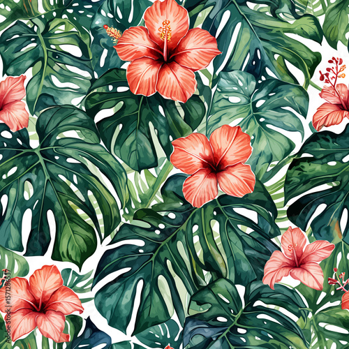 Tropical Hibiscus and Monstera Leaf Pattern