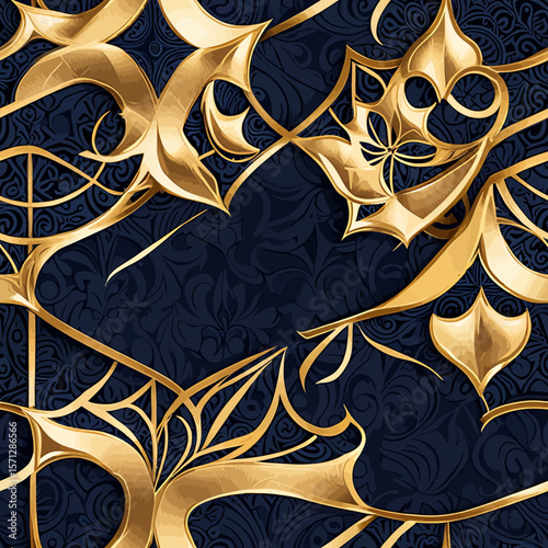 Ornate gold filigree on a dark blue patterned background