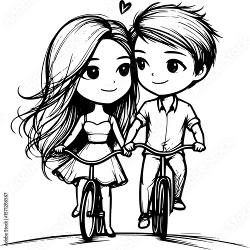 Sweethearts on Wheels: A cute couple on bicycles, hand in hand, celebrating their love with an affectionate heart, a heartwarming depiction of shared joy and youthful romance.
