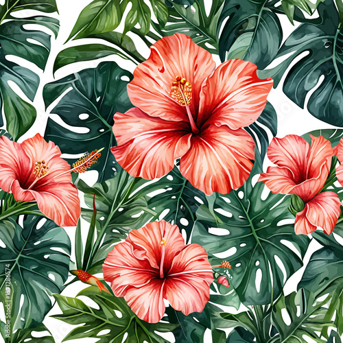 Vibrant hibiscus flowers and lush green monstera leaves on a white background