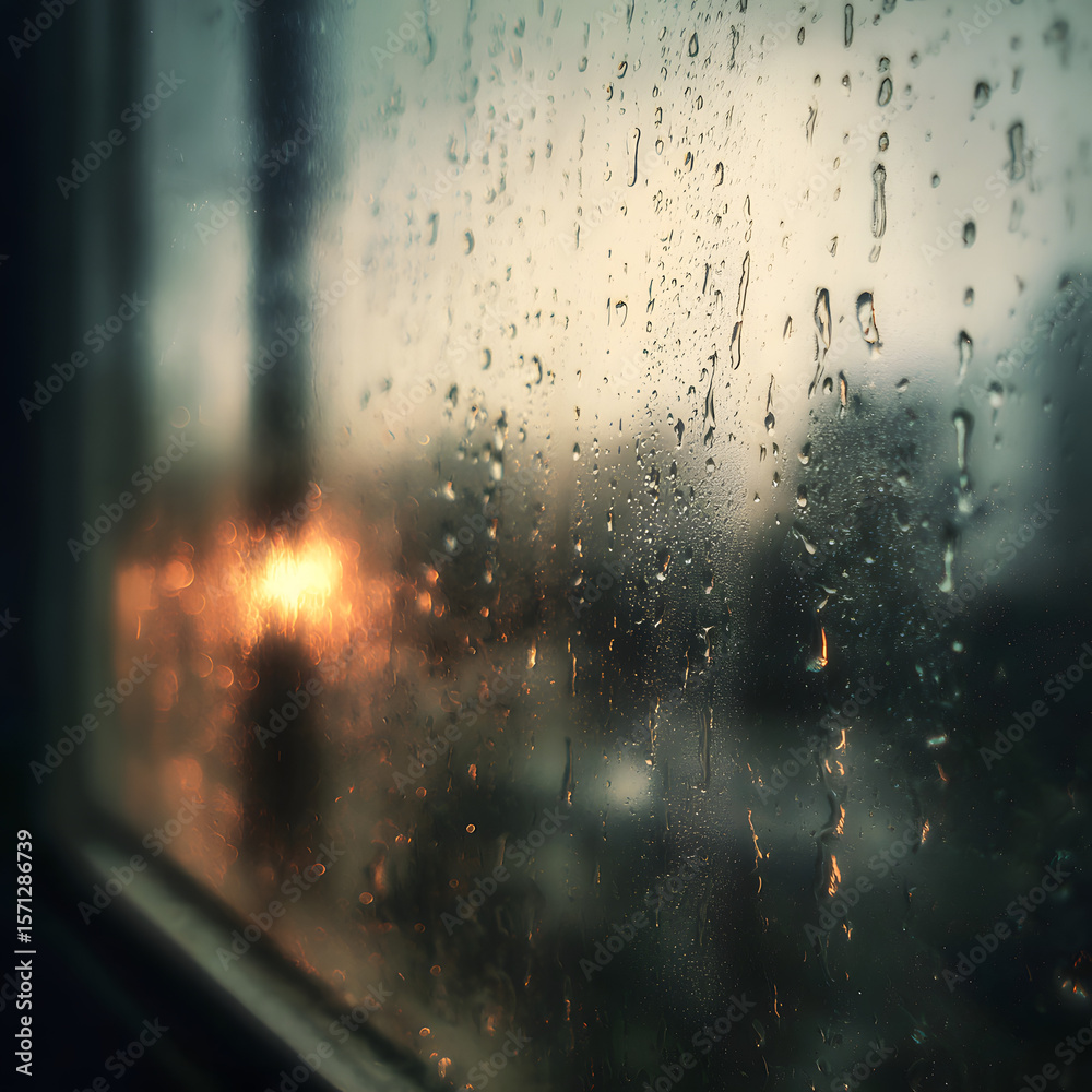 Obraz premium Rain-Kissed Window: A close-up, artistic view captures the subtle beauty of rain, transforming a window into a canvas of water droplets, blurring the city view beyond.