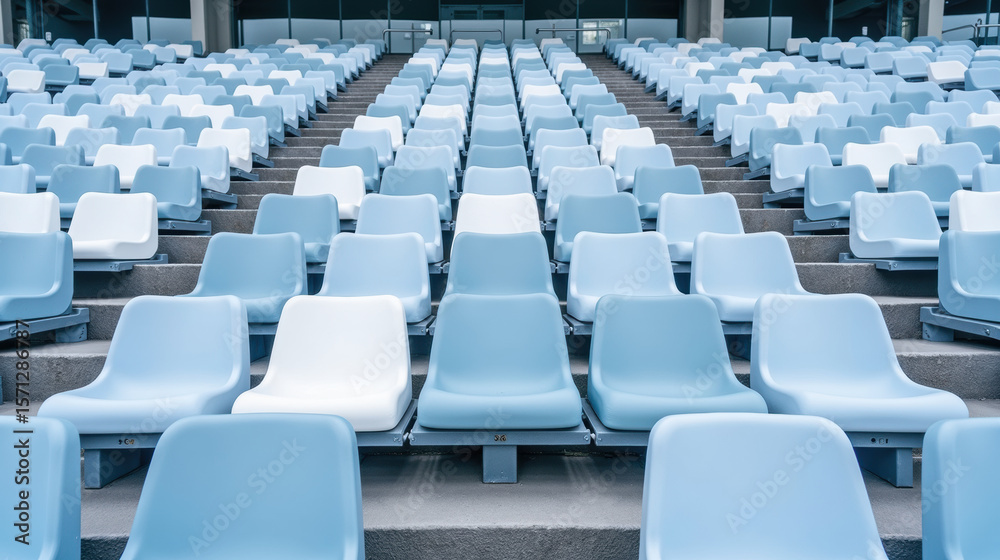 Fototapeta premium Empty stadium seating arranged in neat rows, showcasing modern design with light blue and white colors. atmosphere feels calm and inviting
