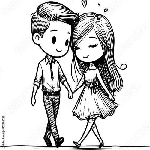 Eternal Bond: A charming couple, rendered in exquisite sketch style, shares a tender moment, embodying the essence of companionship, affection, and togetherness.