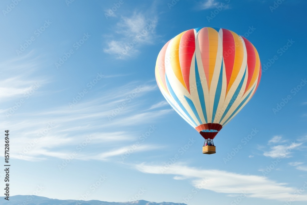 Obraz premium Soaring High: A vibrant hot air balloon floats gracefully against a stunning blue sky, creating a captivating scene of adventure and freedom. 