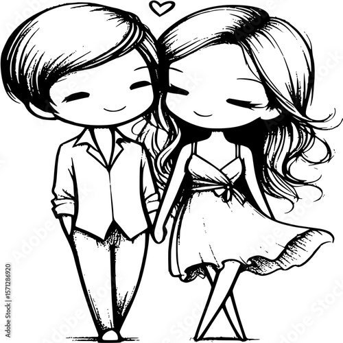 Sweethearts' Stroll: A tender illustration of two young lovers, intertwined in a loving embrace, as they stroll together, embodying the beauty and innocence of young love. 
