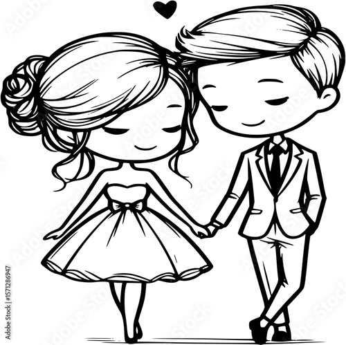 Affectionate bond: A simple and elegant black-and-white illustration portrays a couple holding hands, their expressions filled with tender emotions, symbolizing love and togetherness. 