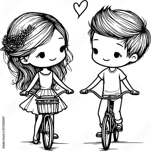 Whimsical Bike Ride of Two: A charming sketch portrays a sweet couple enjoying a romantic bike ride, symbolizing love, connection, and the simplicity of shared moments. 