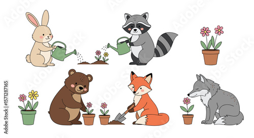 Adorable woodland animals engaged in spring gardening activities planting flowers and watering seeds