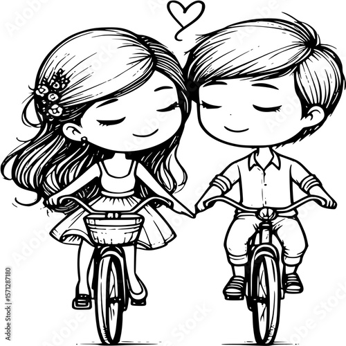 Romantic Ride: A loving couple enjoys a shared ride on a bicycle, with eyes closed, holding hands and a symbol of love above them, sharing a precious moment of affection and harmony.