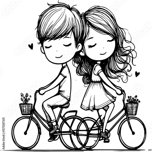 Together on a Bicycle: A tender sketch depicts a couple, eyes closed, cycling together, symbolizing unity, affection, and a shared journey of love, enhanced by heart motifs.