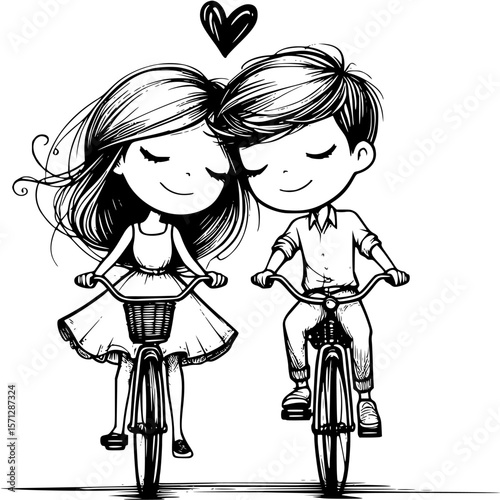 Sweethearts' Cycle: A captivating illustration captures a tender moment as two youthful figures, entwined in affection, pedal their bicycles. Above, a simple heart symbolizes their love.