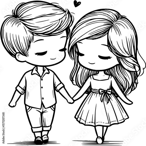 Cute Couple in Love's Embrace: A black and white illustration depicting a couple, hand in hand, exuding the tenderness and innocence of young love.