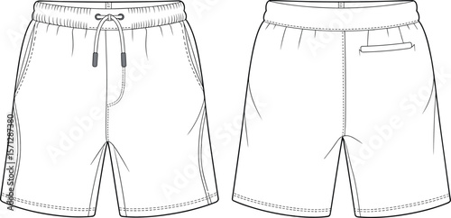 Men’s drawstring shorts flat sketch, front and back view, casual summer wear design with pockets, waistband, technical apparel illustration