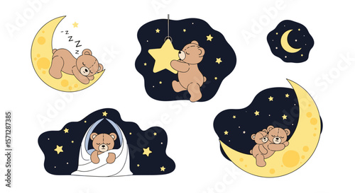 Adorable teddy bears dreaming under the night sky on crescent moons