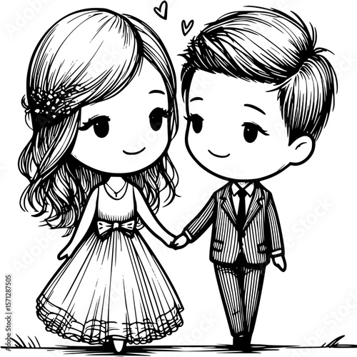 Eternal Bond: A charming illustration capturing the sweet connection between a young couple, their hands clasped as they gaze at each other, symbolizing unity and everlasting love.