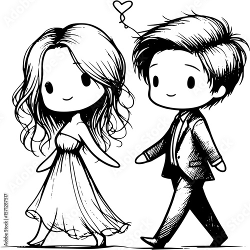 Love's Gentle Stroll: Two endearing figures, hand-in-hand, walk under the subtle indication of shared hearts. The minimalistic monochrome art style adds a touch of simple elegance.